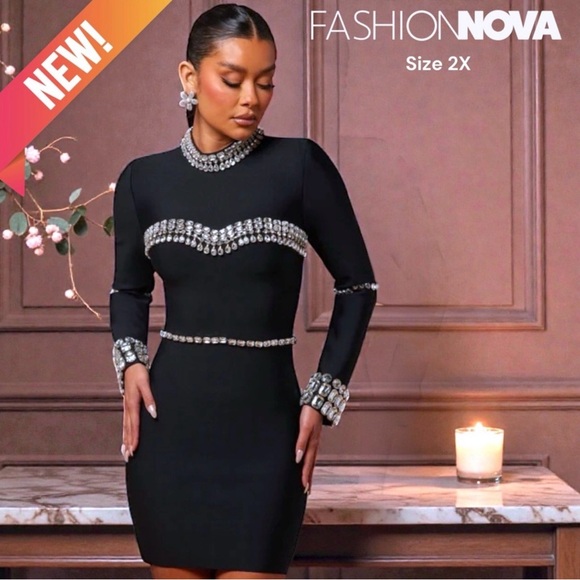Fashion Nova Dresses & Skirts - Fashion Nova Luxe Black Long Sleeve Dress with Silver Accents